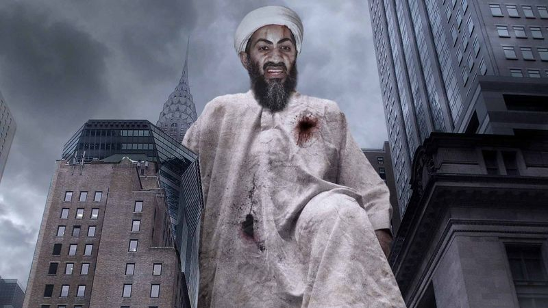 Citizens look on in terror as the massive bin Laden destroys New York City with ease.